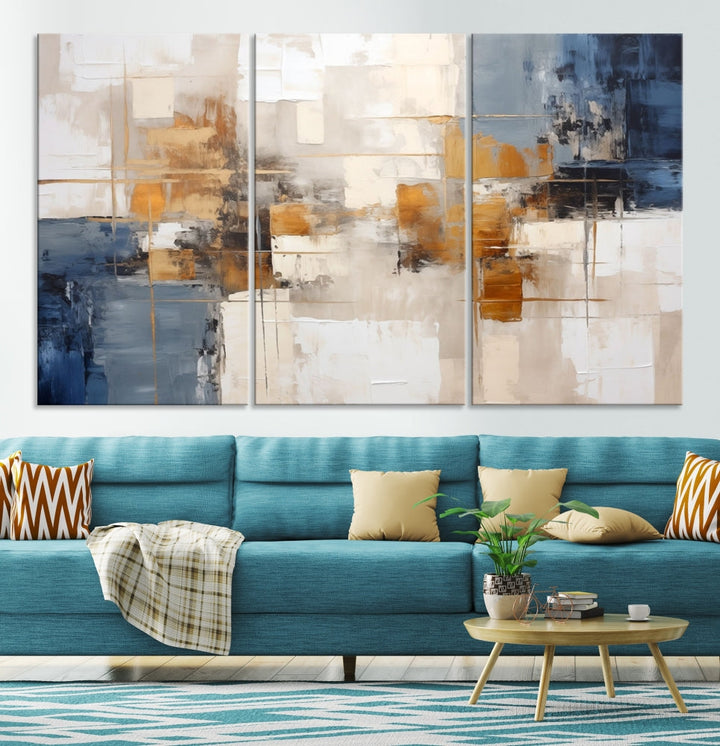 Abstract Print Wall Art Canvas Artwork with blue, white, and gold hues is showcased. Crafted on museum-quality canvases, this artwork comes ready to hang and includes a UV-protective coating to preserve its vibrant colors.