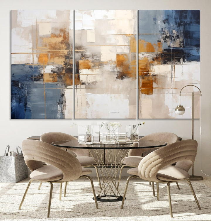 Abstract Print Wall Art Canvas Artwork with blue, white, and gold hues is showcased. Crafted on museum-quality canvases, this artwork comes ready to hang and includes a UV-protective coating to preserve its vibrant colors.