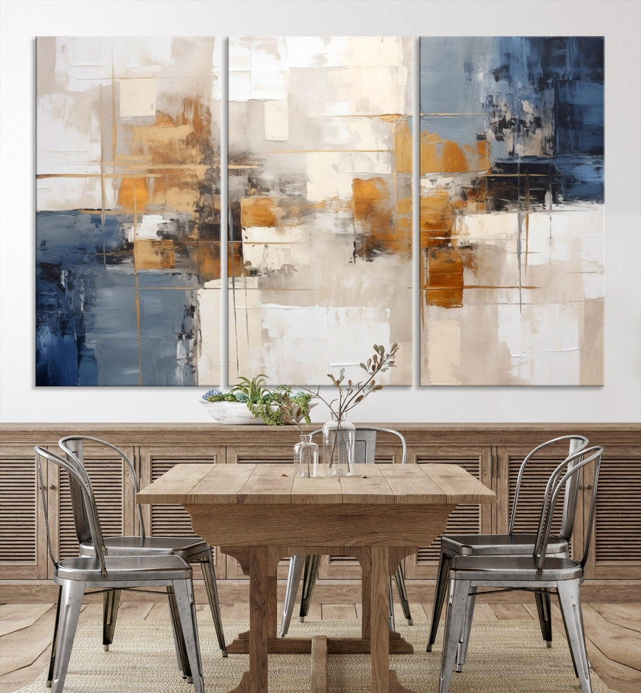 Abstract Print Wall Art Canvas Artwork with blue, white, and gold hues is showcased. Crafted on museum-quality canvases, this artwork comes ready to hang and includes a UV-protective coating to preserve its vibrant colors.