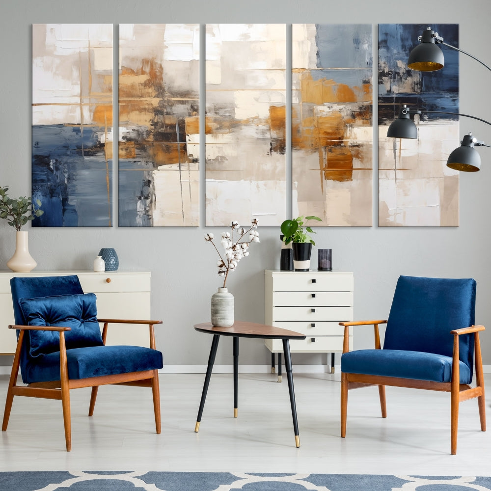 Abstract Print Wall Art Canvas Artwork with blue, white, and gold hues is showcased. Crafted on museum-quality canvases, this artwork comes ready to hang and includes a UV-protective coating to preserve its vibrant colors.