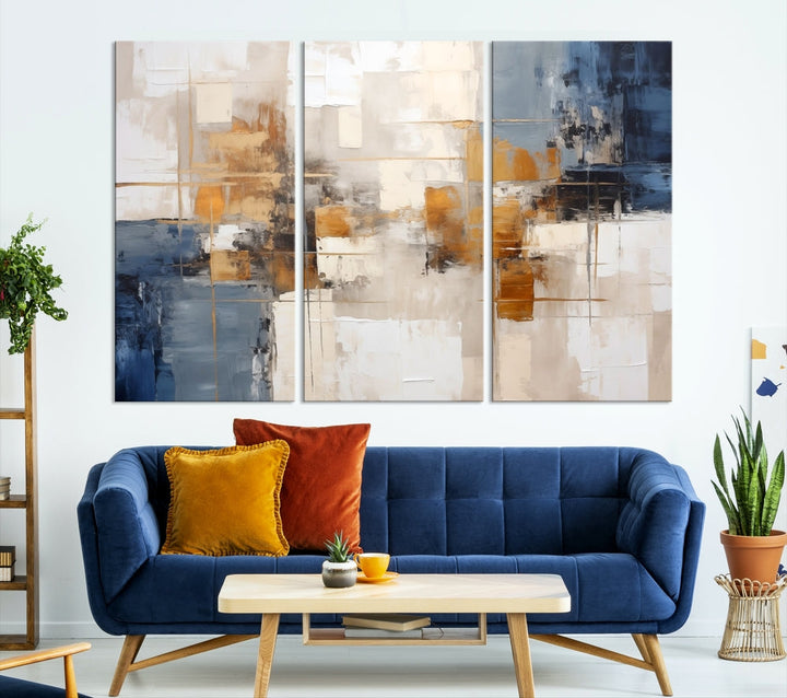 Abstract Print Wall Art Canvas Artwork with blue, white, and gold hues is showcased. Crafted on museum-quality canvases, this artwork comes ready to hang and includes a UV-protective coating to preserve its vibrant colors.