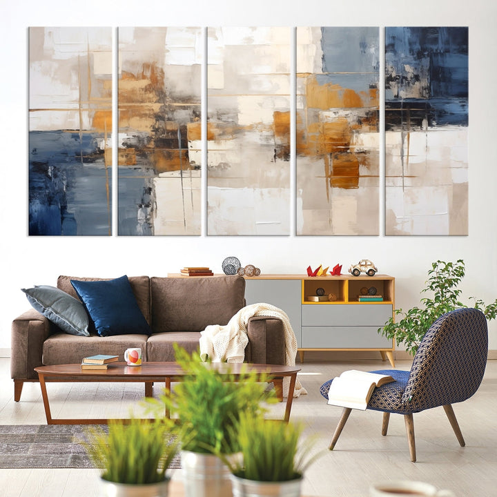 Abstract Print Wall Art Canvas Artwork with blue, white, and gold hues is showcased. Crafted on museum-quality canvases, this artwork comes ready to hang and includes a UV-protective coating to preserve its vibrant colors.