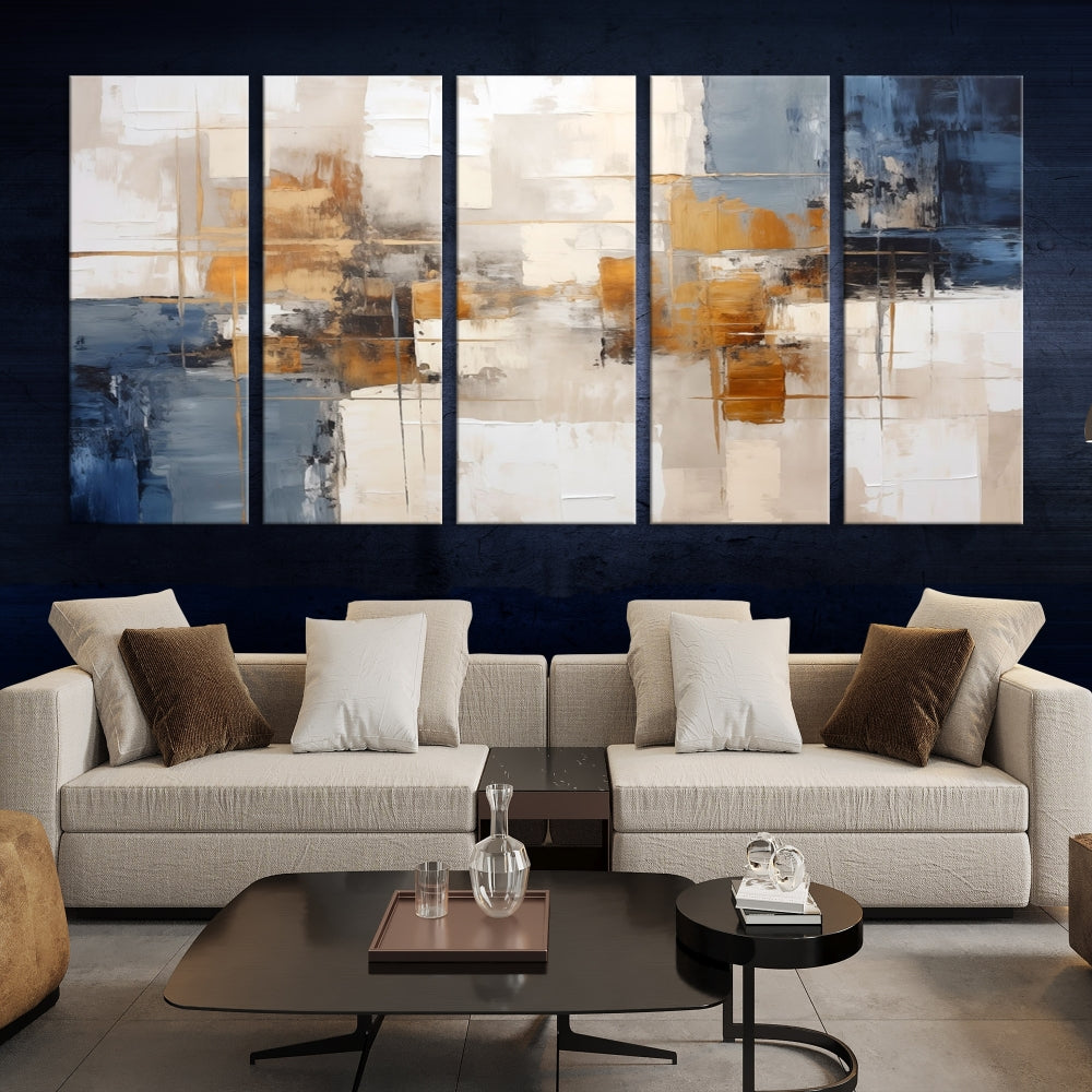 Abstract Print Wall Art Canvas Artwork with blue, white, and gold hues is showcased. Crafted on museum-quality canvases, this artwork comes ready to hang and includes a UV-protective coating to preserve its vibrant colors.