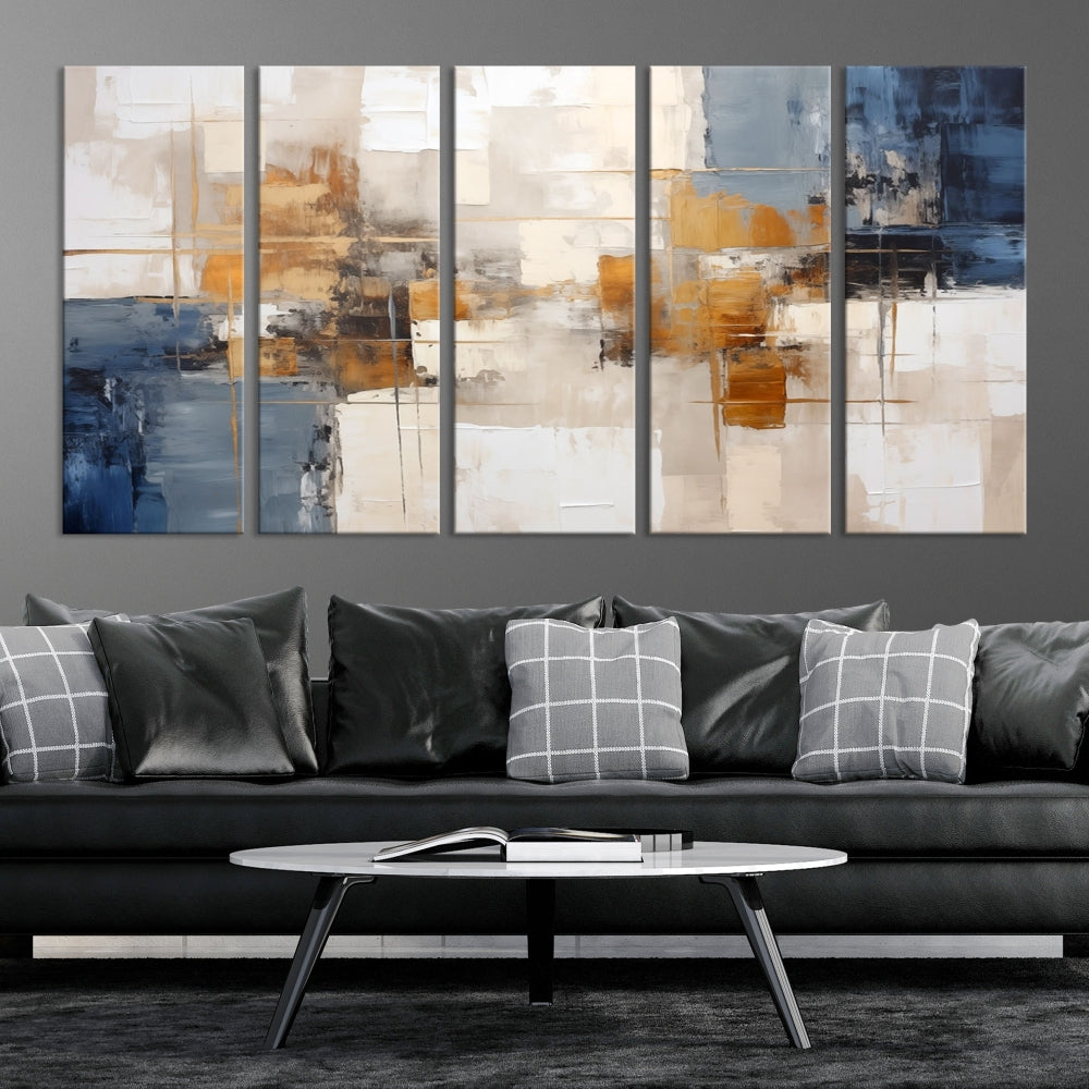 Abstract Print Wall Art Canvas Artwork with blue, white, and gold hues is showcased. Crafted on museum-quality canvases, this artwork comes ready to hang and includes a UV-protective coating to preserve its vibrant colors.