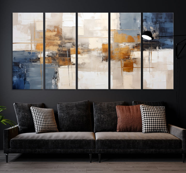 Abstract Print Wall Art Canvas Artwork with blue, white, and gold hues is showcased. Crafted on museum-quality canvases, this artwork comes ready to hang and includes a UV-protective coating to preserve its vibrant colors.