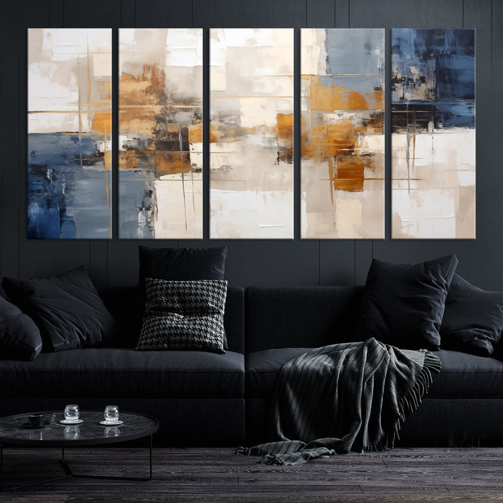 Abstract Print Wall Art Canvas Artwork with blue, white, and gold hues is showcased. Crafted on museum-quality canvases, this artwork comes ready to hang and includes a UV-protective coating to preserve its vibrant colors.