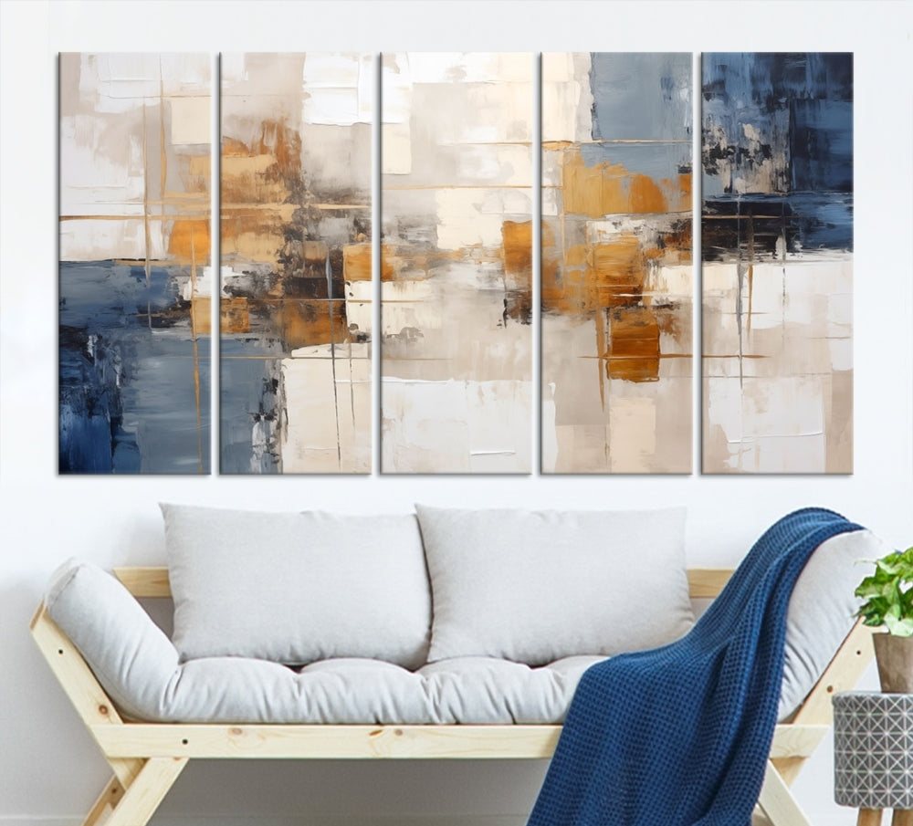 Abstract Print Wall Art Canvas Artwork with blue, white, and gold hues is showcased. Crafted on museum-quality canvases, this artwork comes ready to hang and includes a UV-protective coating to preserve its vibrant colors.