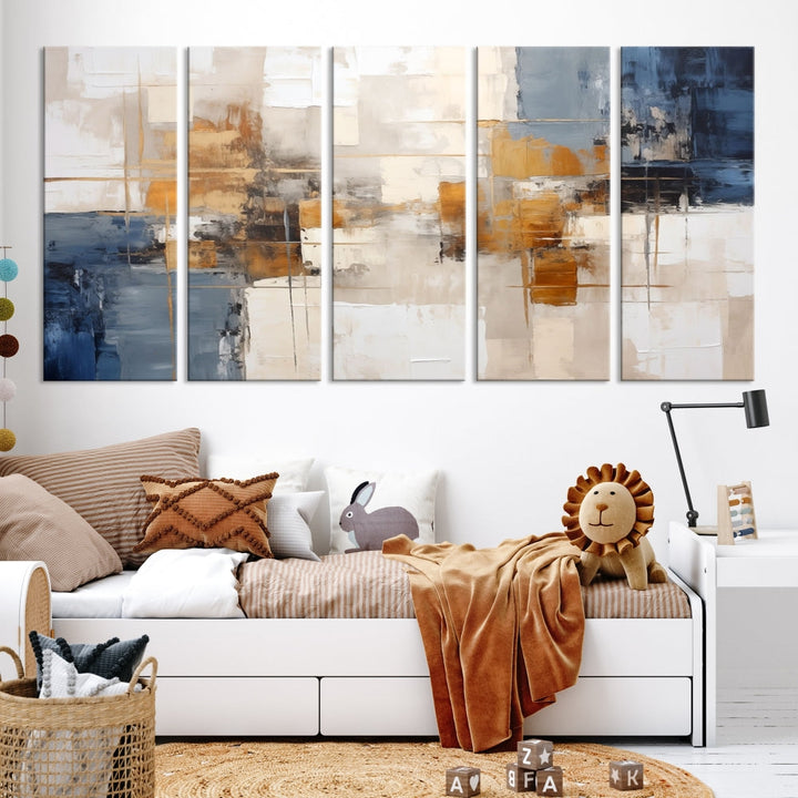 Abstract Print Wall Art Canvas Artwork with blue, white, and gold hues is showcased. Crafted on museum-quality canvases, this artwork comes ready to hang and includes a UV-protective coating to preserve its vibrant colors.