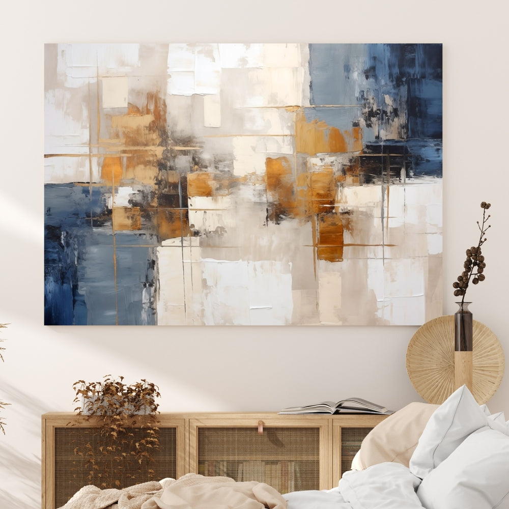 Abstract Print Wall Art Canvas Artwork with blue, white, and gold hues is showcased. Crafted on museum-quality canvases, this artwork comes ready to hang and includes a UV-protective coating to preserve its vibrant colors.