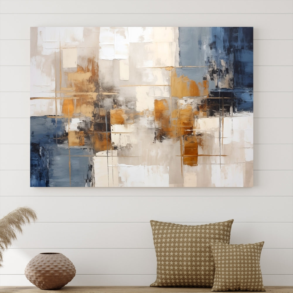 Abstract Print Wall Art Canvas Artwork with blue, white, and gold hues is showcased. Crafted on museum-quality canvases, this artwork comes ready to hang and includes a UV-protective coating to preserve its vibrant colors.