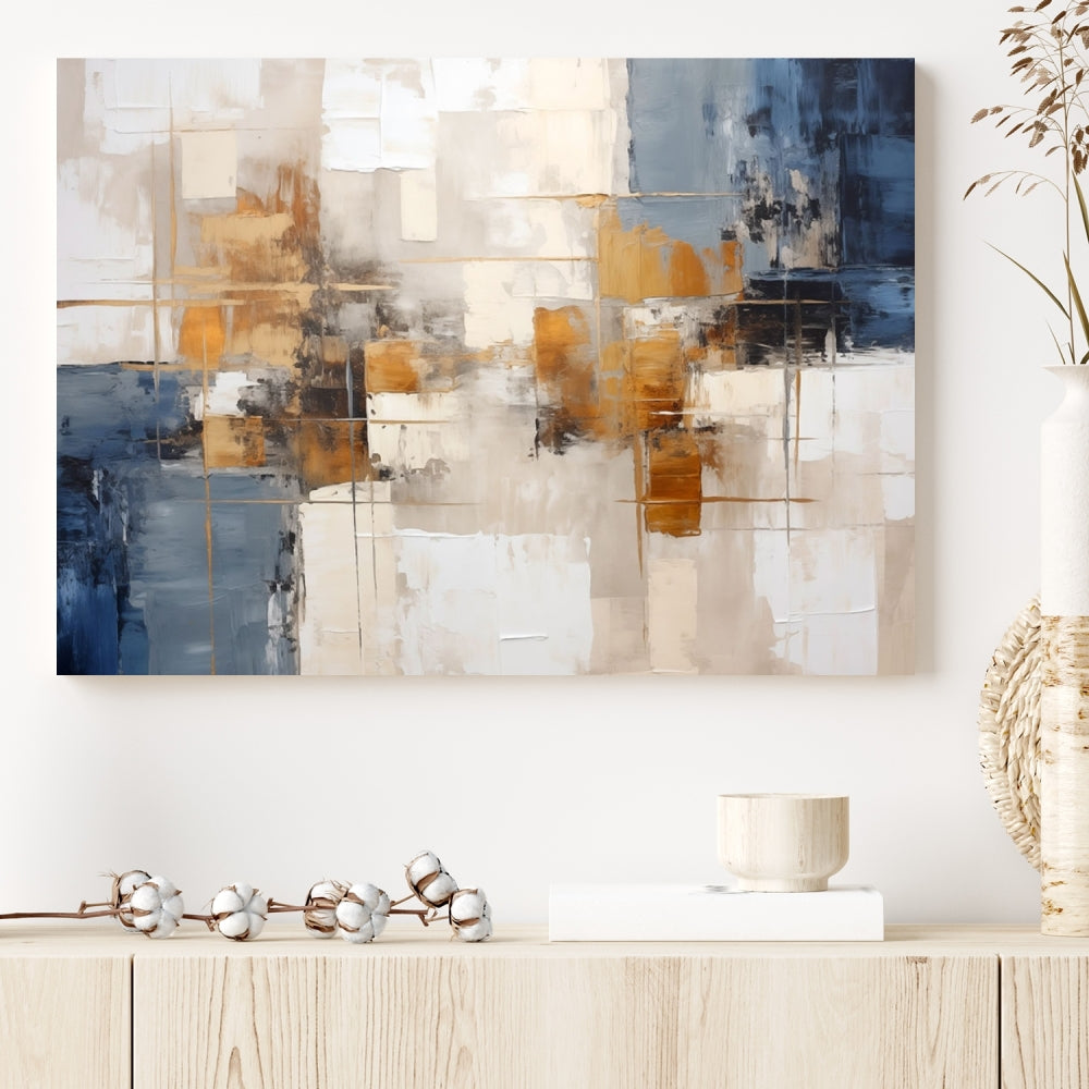 Abstract Print Wall Art Canvas Artwork with blue, white, and gold hues is showcased. Crafted on museum-quality canvases, this artwork comes ready to hang and includes a UV-protective coating to preserve its vibrant colors.