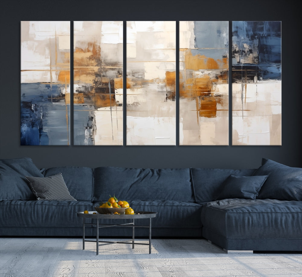 Abstract Print Wall Art Canvas Artwork with blue, white, and gold hues is showcased. Crafted on museum-quality canvases, this artwork comes ready to hang and includes a UV-protective coating to preserve its vibrant colors.