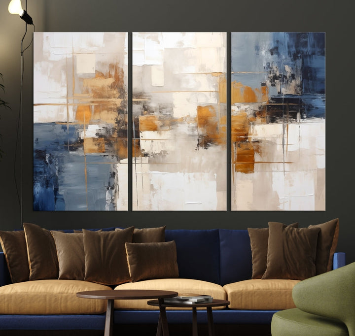 Abstract Print Wall Art Canvas Artwork with blue, white, and gold hues is showcased. Crafted on museum-quality canvases, this artwork comes ready to hang and includes a UV-protective coating to preserve its vibrant colors.