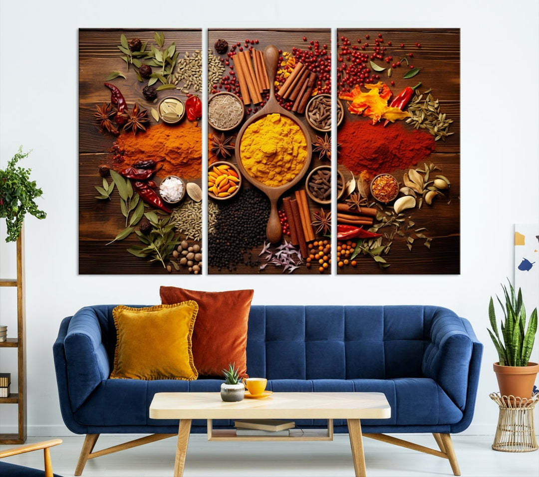 The wall art, an Abstract Spoonful of Spice Art Print triptych, is crafted on museum-quality canvas with a UV-protective coating, ensuring lasting brilliance. Ready to hang, it showcases an array of colorful spices and herbs.