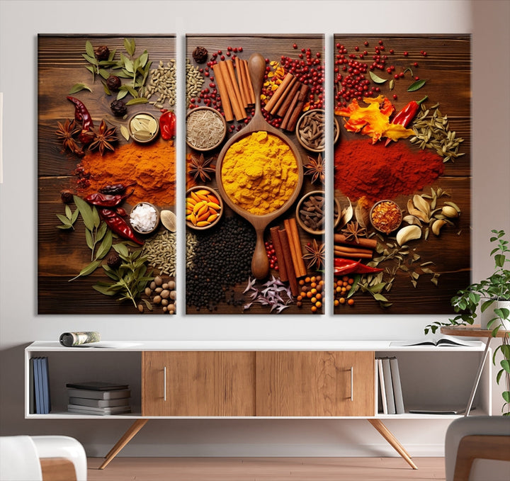 The wall art, an Abstract Spoonful of Spice Art Print triptych, is crafted on museum-quality canvas with a UV-protective coating, ensuring lasting brilliance. Ready to hang, it showcases an array of colorful spices and herbs.