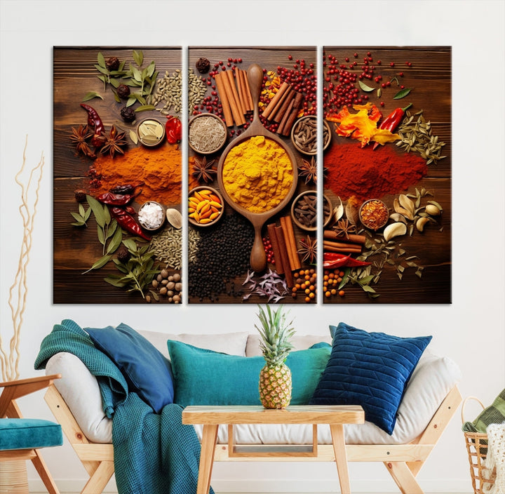 The wall art, an Abstract Spoonful of Spice Art Print triptych, is crafted on museum-quality canvas with a UV-protective coating, ensuring lasting brilliance. Ready to hang, it showcases an array of colorful spices and herbs.