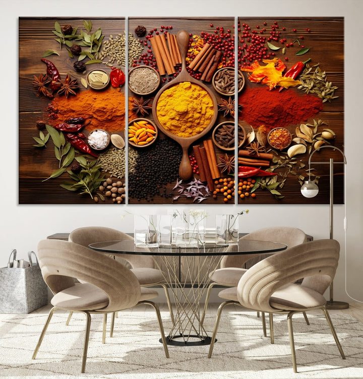 The wall art, an Abstract Spoonful of Spice Art Print triptych, is crafted on museum-quality canvas with a UV-protective coating, ensuring lasting brilliance. Ready to hang, it showcases an array of colorful spices and herbs.