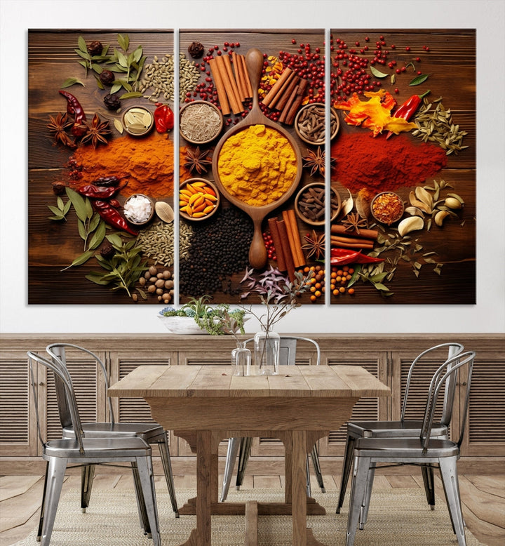 The wall art, an Abstract Spoonful of Spice Art Print triptych, is crafted on museum-quality canvas with a UV-protective coating, ensuring lasting brilliance. Ready to hang, it showcases an array of colorful spices and herbs.