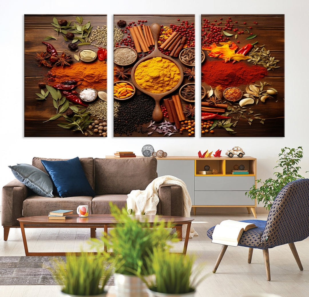 The wall art, an Abstract Spoonful of Spice Art Print triptych, is crafted on museum-quality canvas with a UV-protective coating, ensuring lasting brilliance. Ready to hang, it showcases an array of colorful spices and herbs.