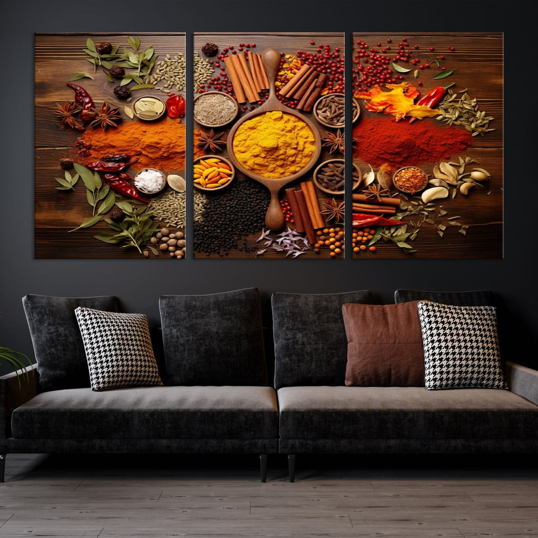 The wall art, an Abstract Spoonful of Spice Art Print triptych, is crafted on museum-quality canvas with a UV-protective coating, ensuring lasting brilliance. Ready to hang, it showcases an array of colorful spices and herbs.