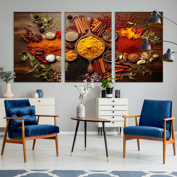 The wall art, an Abstract Spoonful of Spice Art Print triptych, is crafted on museum-quality canvas with a UV-protective coating, ensuring lasting brilliance. Ready to hang, it showcases an array of colorful spices and herbs.