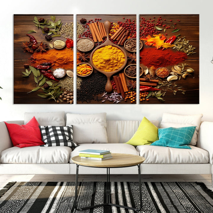 The wall art, an Abstract Spoonful of Spice Art Print triptych, is crafted on museum-quality canvas with a UV-protective coating, ensuring lasting brilliance. Ready to hang, it showcases an array of colorful spices and herbs.