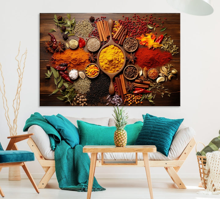 The wall art, an Abstract Spoonful of Spice Art Print triptych, is crafted on museum-quality canvas with a UV-protective coating, ensuring lasting brilliance. Ready to hang, it showcases an array of colorful spices and herbs.