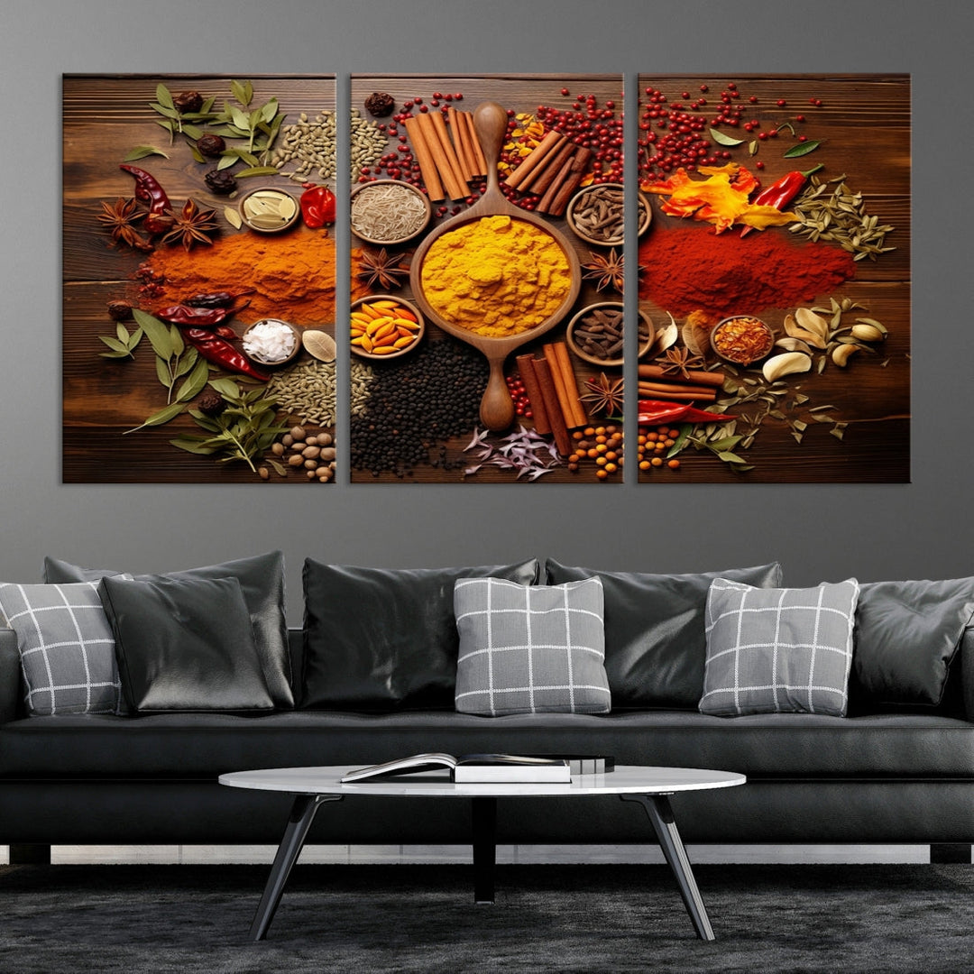 The wall art, an Abstract Spoonful of Spice Art Print triptych, is crafted on museum-quality canvas with a UV-protective coating, ensuring lasting brilliance. Ready to hang, it showcases an array of colorful spices and herbs.