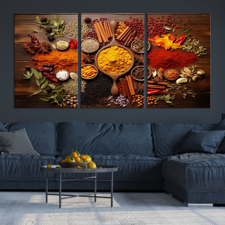 The wall art, an Abstract Spoonful of Spice Art Print triptych, is crafted on museum-quality canvas with a UV-protective coating, ensuring lasting brilliance. Ready to hang, it showcases an array of colorful spices and herbs.