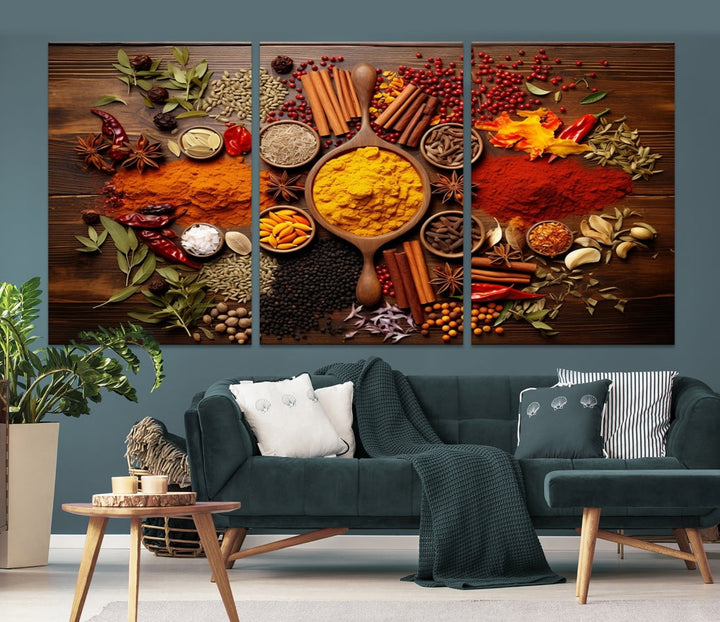 The wall art, an Abstract Spoonful of Spice Art Print triptych, is crafted on museum-quality canvas with a UV-protective coating, ensuring lasting brilliance. Ready to hang, it showcases an array of colorful spices and herbs.