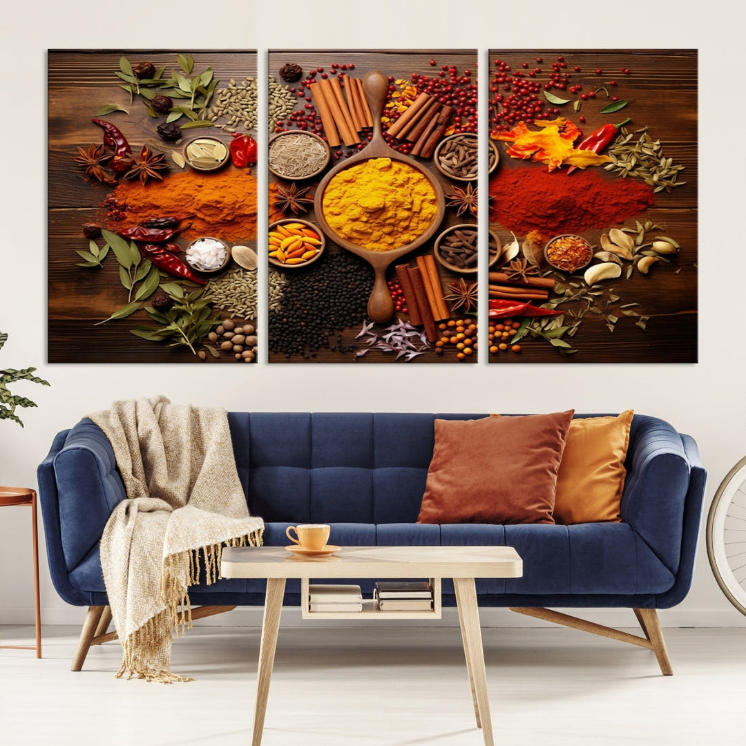 The wall art, an Abstract Spoonful of Spice Art Print triptych, is crafted on museum-quality canvas with a UV-protective coating, ensuring lasting brilliance. Ready to hang, it showcases an array of colorful spices and herbs.