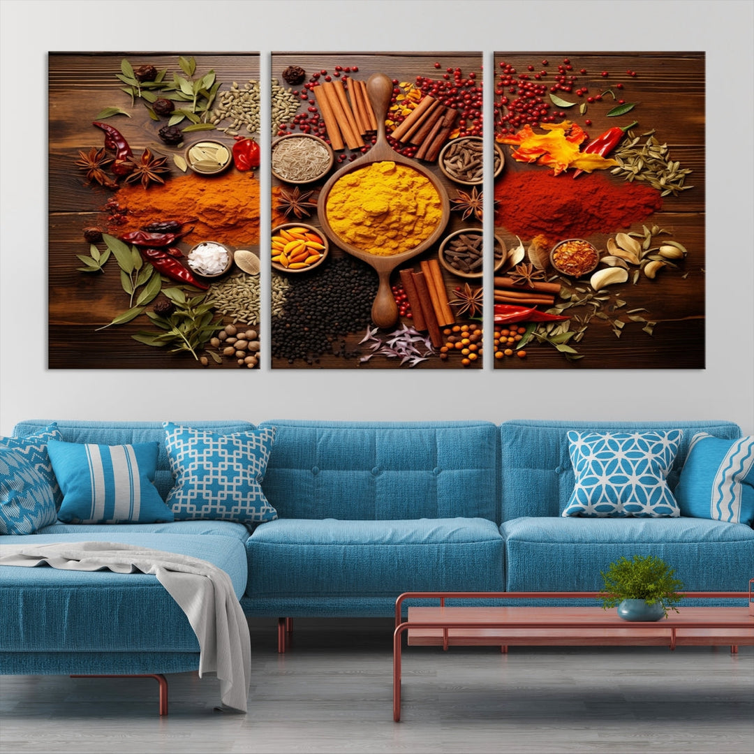 The wall art, an Abstract Spoonful of Spice Art Print triptych, is crafted on museum-quality canvas with a UV-protective coating, ensuring lasting brilliance. Ready to hang, it showcases an array of colorful spices and herbs.