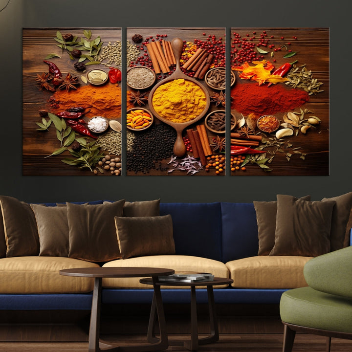 The wall art, an Abstract Spoonful of Spice Art Print triptych, is crafted on museum-quality canvas with a UV-protective coating, ensuring lasting brilliance. Ready to hang, it showcases an array of colorful spices and herbs.