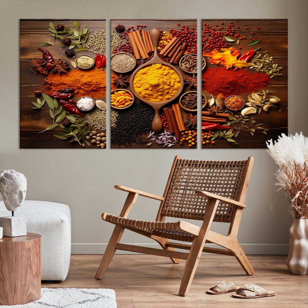 The wall art, an Abstract Spoonful of Spice Art Print triptych, is crafted on museum-quality canvas with a UV-protective coating, ensuring lasting brilliance. Ready to hang, it showcases an array of colorful spices and herbs.