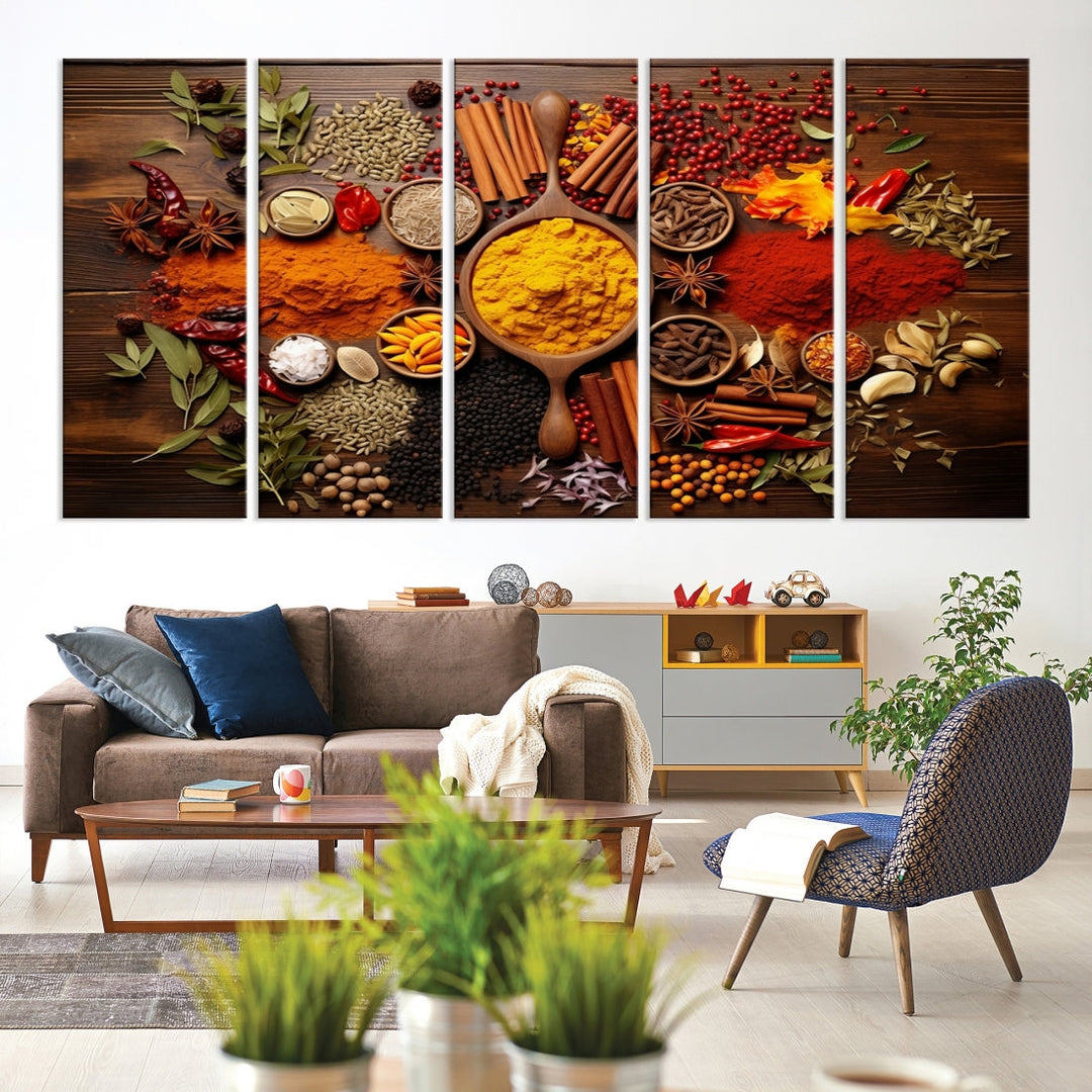 The wall art, an Abstract Spoonful of Spice Art Print triptych, is crafted on museum-quality canvas with a UV-protective coating, ensuring lasting brilliance. Ready to hang, it showcases an array of colorful spices and herbs.