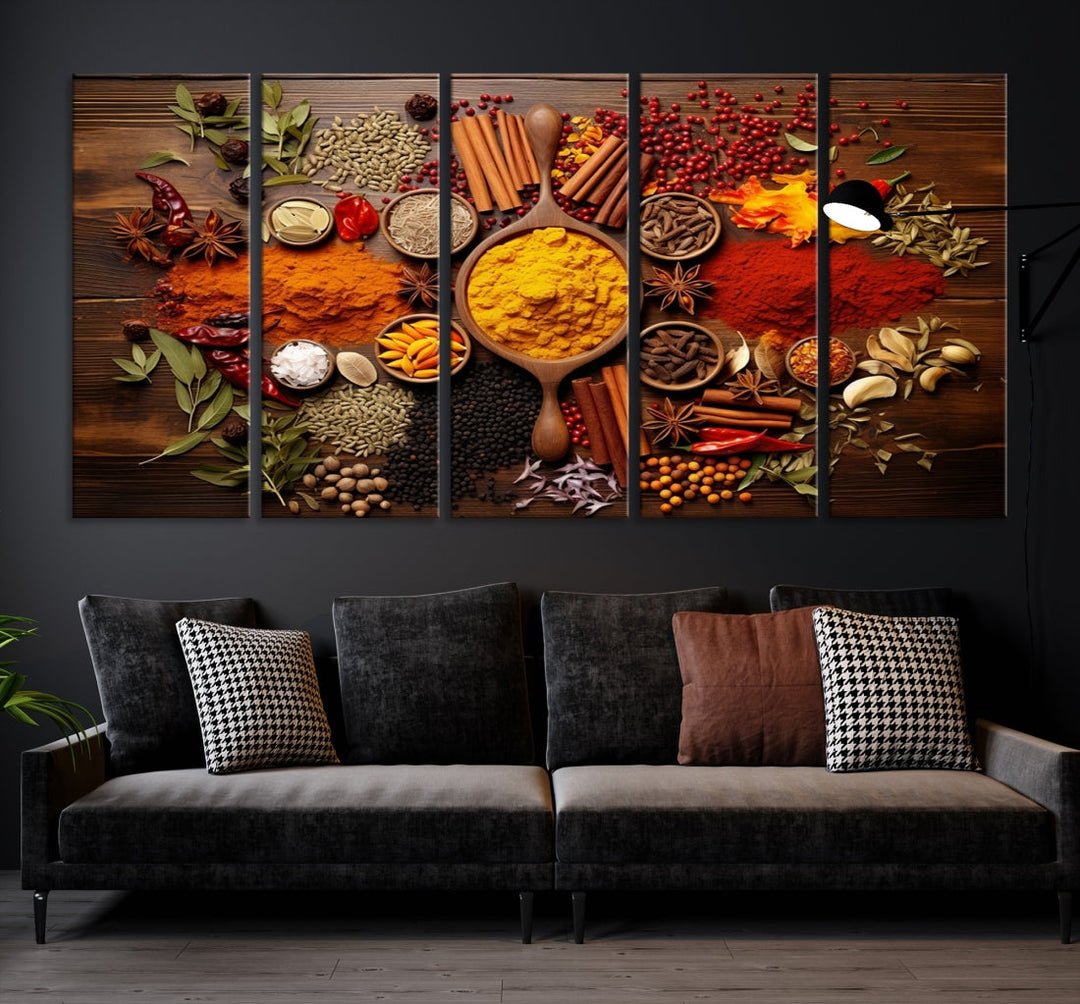 The wall art, an Abstract Spoonful of Spice Art Print triptych, is crafted on museum-quality canvas with a UV-protective coating, ensuring lasting brilliance. Ready to hang, it showcases an array of colorful spices and herbs.