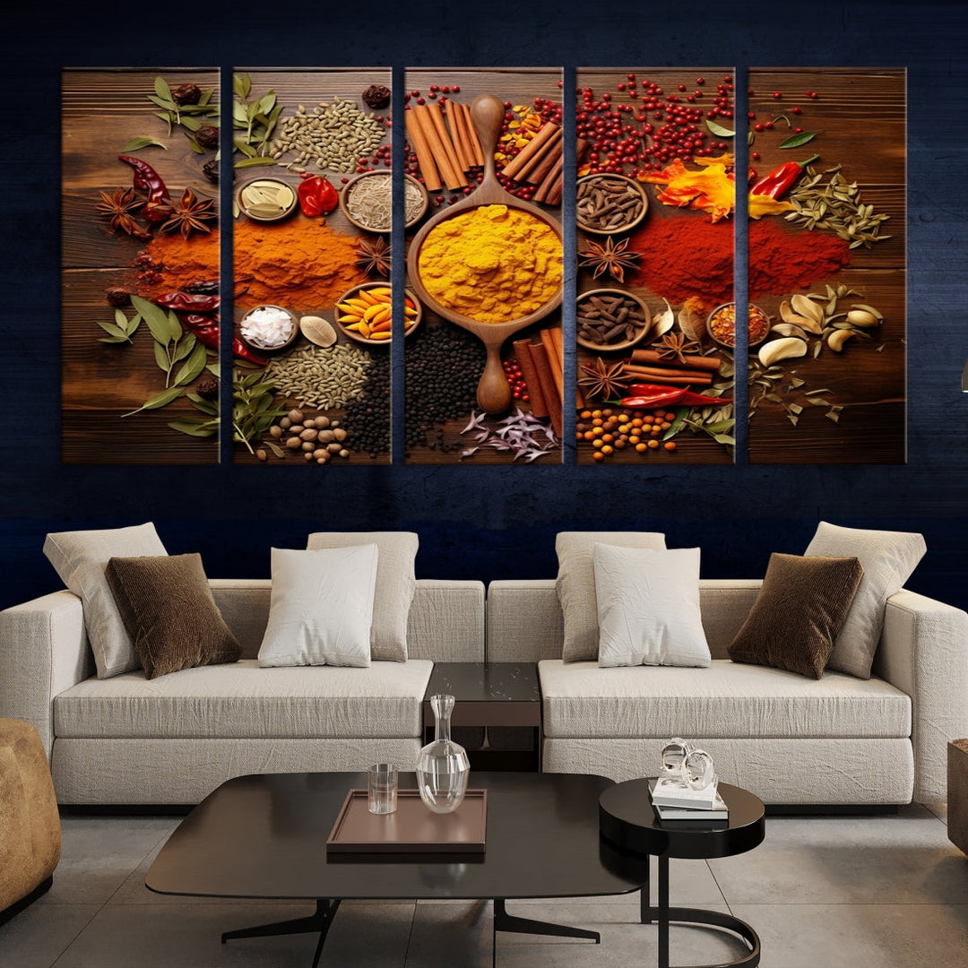 The wall art, an Abstract Spoonful of Spice Art Print triptych, is crafted on museum-quality canvas with a UV-protective coating, ensuring lasting brilliance. Ready to hang, it showcases an array of colorful spices and herbs.