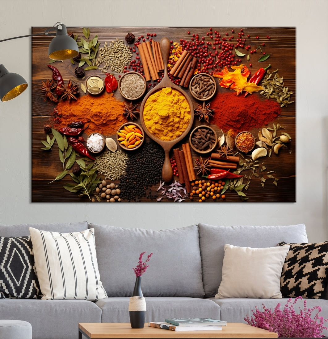 The wall art, an Abstract Spoonful of Spice Art Print triptych, is crafted on museum-quality canvas with a UV-protective coating, ensuring lasting brilliance. Ready to hang, it showcases an array of colorful spices and herbs.