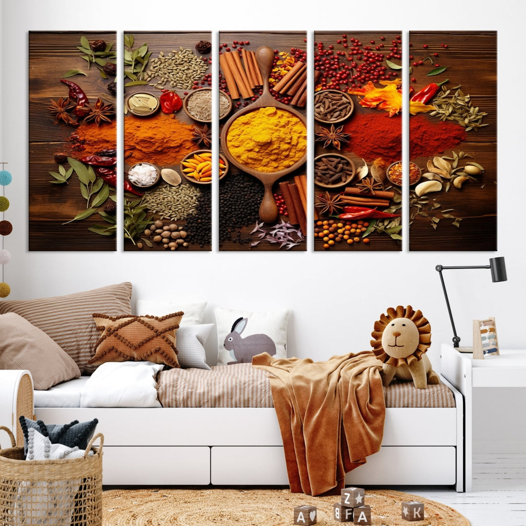 The wall art, an Abstract Spoonful of Spice Art Print triptych, is crafted on museum-quality canvas with a UV-protective coating, ensuring lasting brilliance. Ready to hang, it showcases an array of colorful spices and herbs.