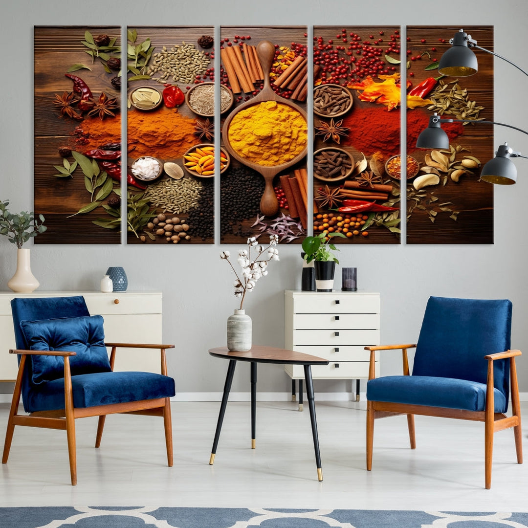 The wall art, an Abstract Spoonful of Spice Art Print triptych, is crafted on museum-quality canvas with a UV-protective coating, ensuring lasting brilliance. Ready to hang, it showcases an array of colorful spices and herbs.