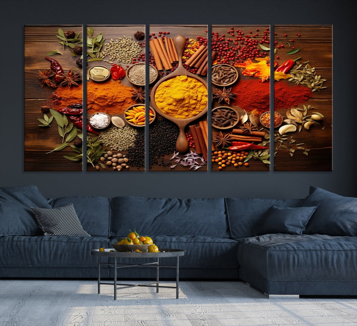 The wall art, an Abstract Spoonful of Spice Art Print triptych, is crafted on museum-quality canvas with a UV-protective coating, ensuring lasting brilliance. Ready to hang, it showcases an array of colorful spices and herbs.