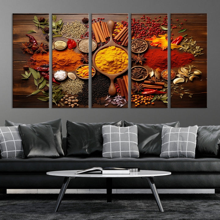 The wall art, an Abstract Spoonful of Spice Art Print triptych, is crafted on museum-quality canvas with a UV-protective coating, ensuring lasting brilliance. Ready to hang, it showcases an array of colorful spices and herbs.