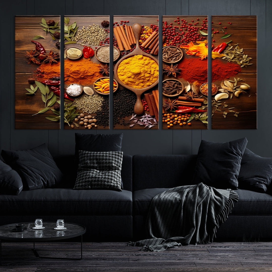 The wall art, an Abstract Spoonful of Spice Art Print triptych, is crafted on museum-quality canvas with a UV-protective coating, ensuring lasting brilliance. Ready to hang, it showcases an array of colorful spices and herbs.