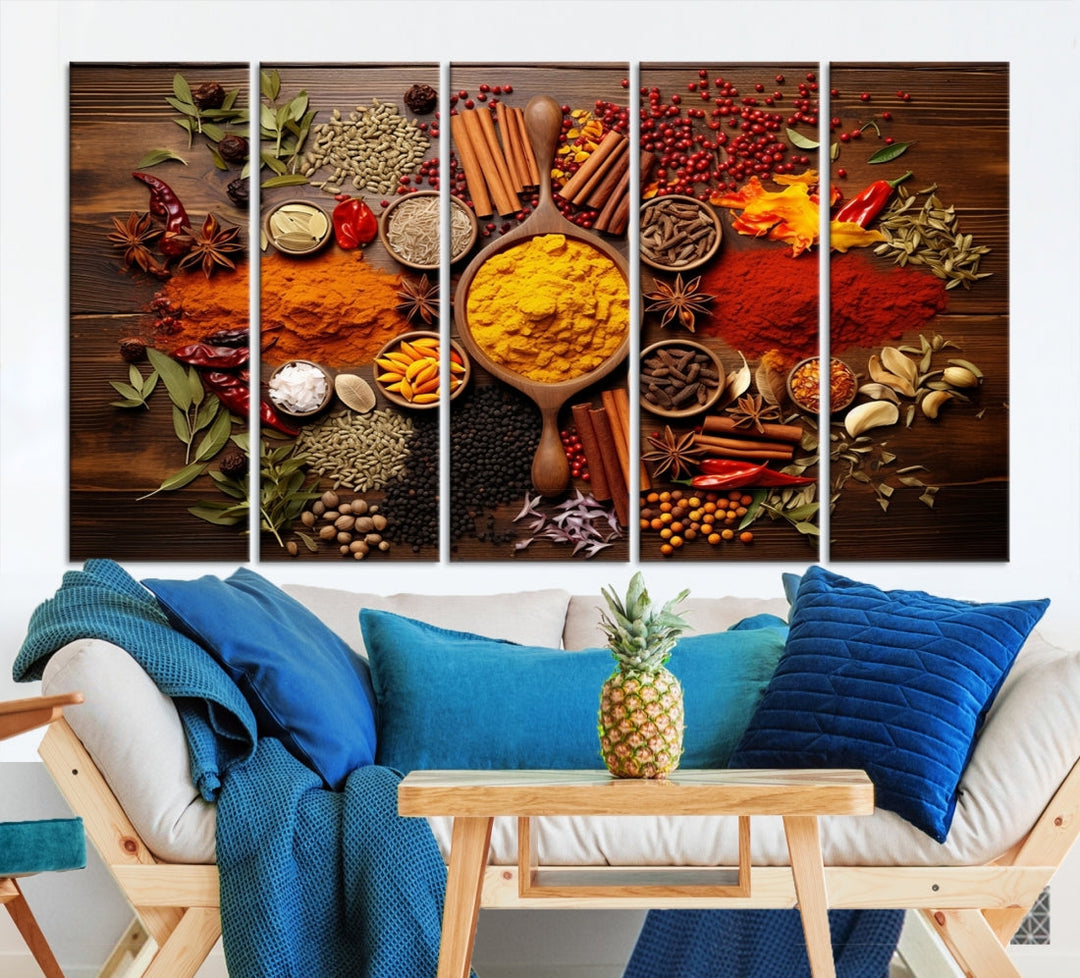 The wall art, an Abstract Spoonful of Spice Art Print triptych, is crafted on museum-quality canvas with a UV-protective coating, ensuring lasting brilliance. Ready to hang, it showcases an array of colorful spices and herbs.