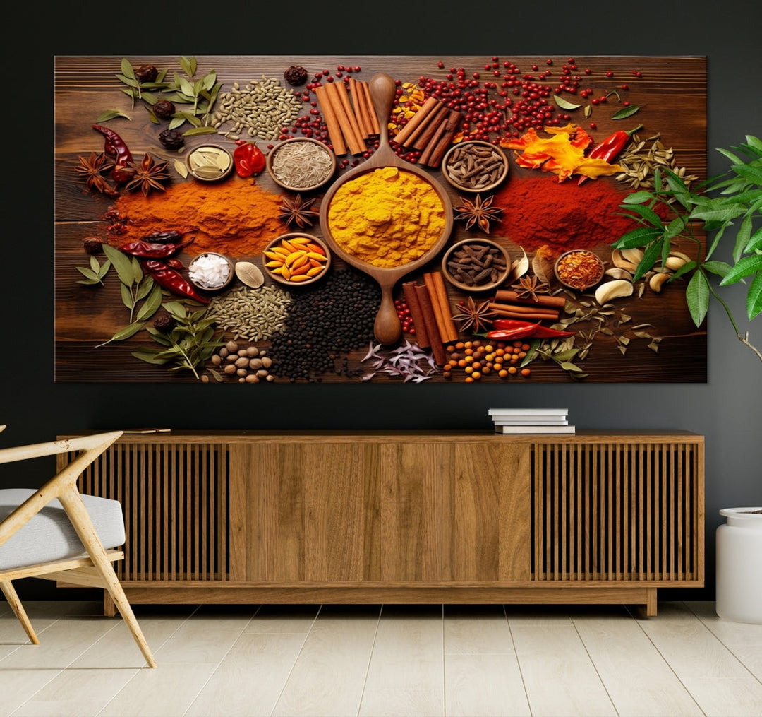 The wall art, an Abstract Spoonful of Spice Art Print triptych, is crafted on museum-quality canvas with a UV-protective coating, ensuring lasting brilliance. Ready to hang, it showcases an array of colorful spices and herbs.