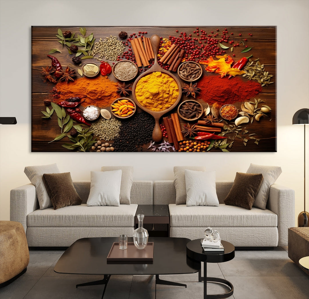 The wall art, an Abstract Spoonful of Spice Art Print triptych, is crafted on museum-quality canvas with a UV-protective coating, ensuring lasting brilliance. Ready to hang, it showcases an array of colorful spices and herbs.