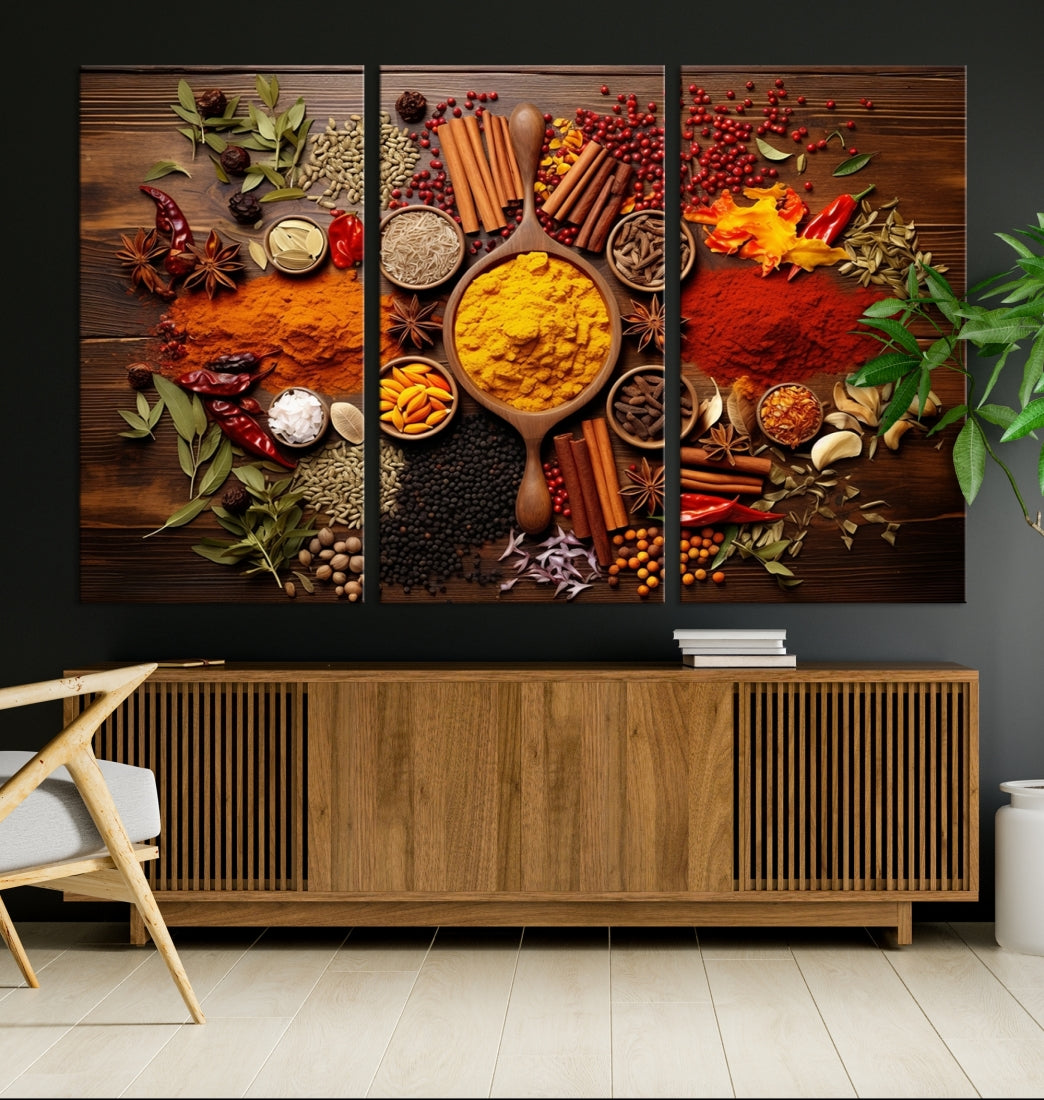 The wall art, an Abstract Spoonful of Spice Art Print triptych, is crafted on museum-quality canvas with a UV-protective coating, ensuring lasting brilliance. Ready to hang, it showcases an array of colorful spices and herbs.