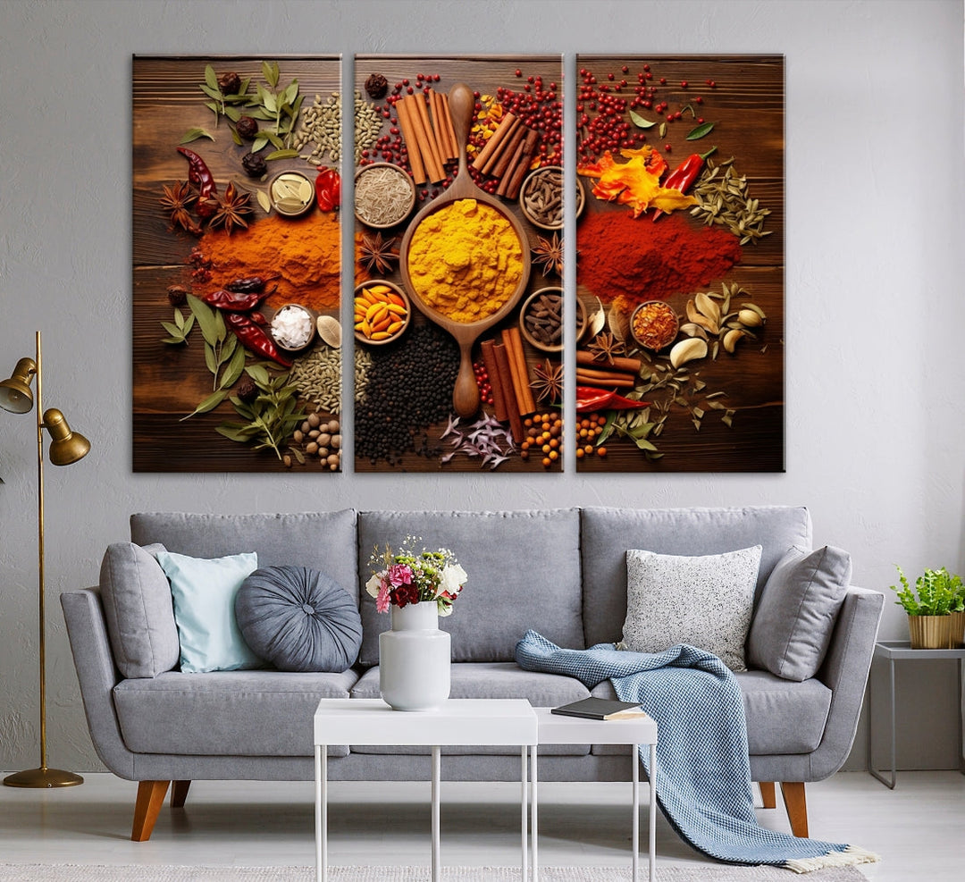 The wall art, an Abstract Spoonful of Spice Art Print triptych, is crafted on museum-quality canvas with a UV-protective coating, ensuring lasting brilliance. Ready to hang, it showcases an array of colorful spices and herbs.