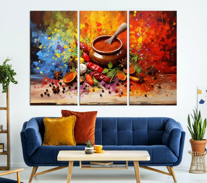 The Abstract Spoonful of Spice Art Print Kitchen Herbs and Spices, a triptych featuring colorful spices and a wooden bowl printed on museum-quality canvas, is ready to hang.