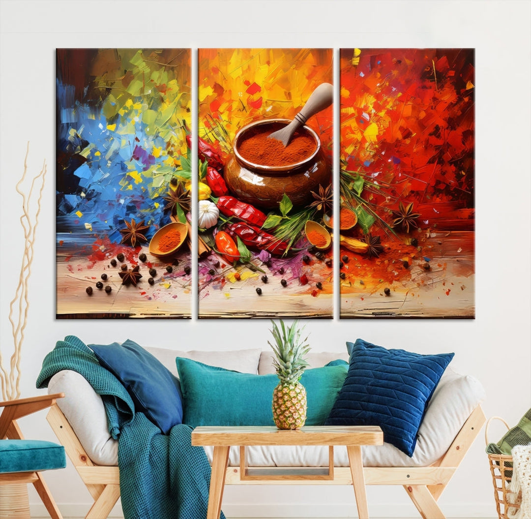 The Abstract Spoonful of Spice Art Print Kitchen Herbs and Spices, a triptych featuring colorful spices and a wooden bowl printed on museum-quality canvas, is ready to hang.